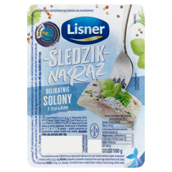 Śledzik na raz  delikatnie solony z ziołami Lisner 100g
