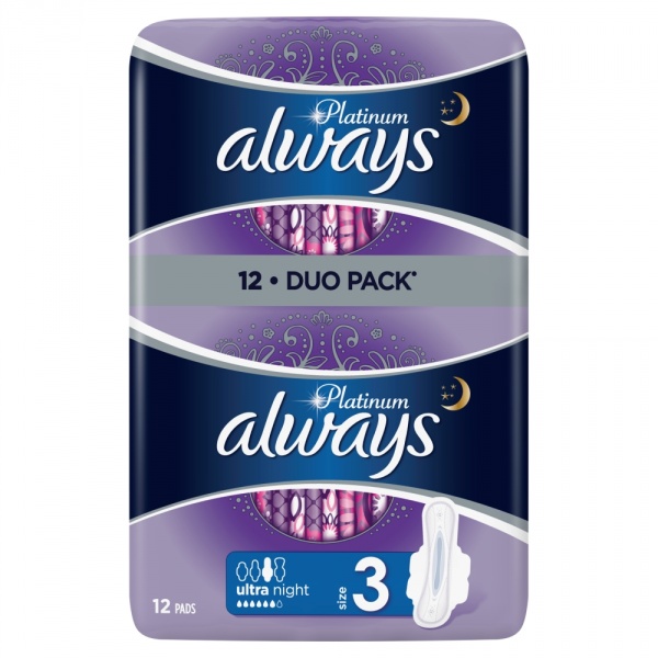 Always Platinum Ultra Night Podpaski ze skrzydełkami 12 sztuk